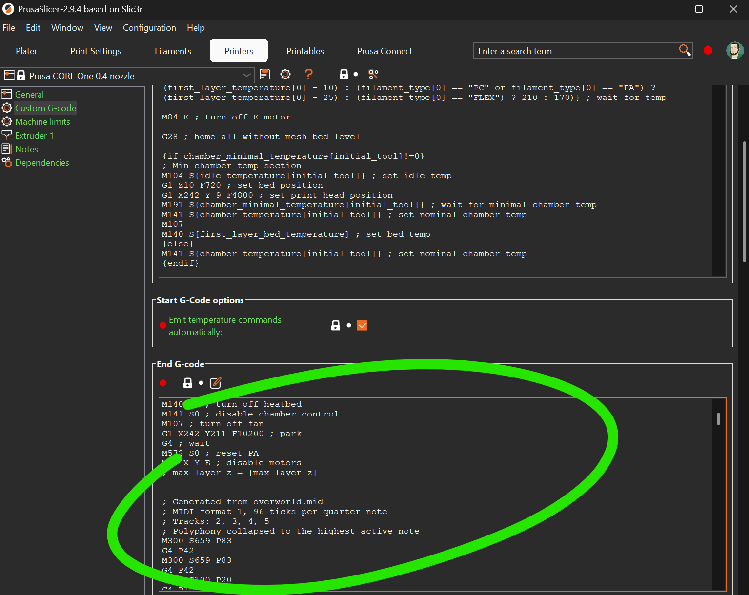 Screenshot showing how to paste G-code into PrusaSlicer